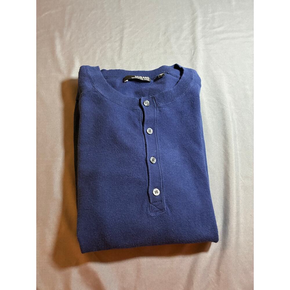Murano Luxurious Fine Cotton Henley Sweater Mens Large Blue Long Sleeve Pullover